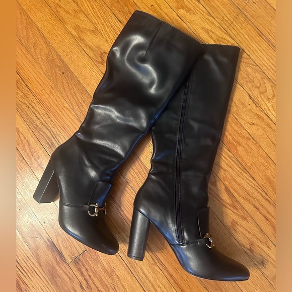 HORSEBIT BUCKLE KNEE HIGH BOOTS GOLD BUCKLE BLOCK HEEL BOOTS FAUX LEATHER VEGAN - Picture 3 of 16